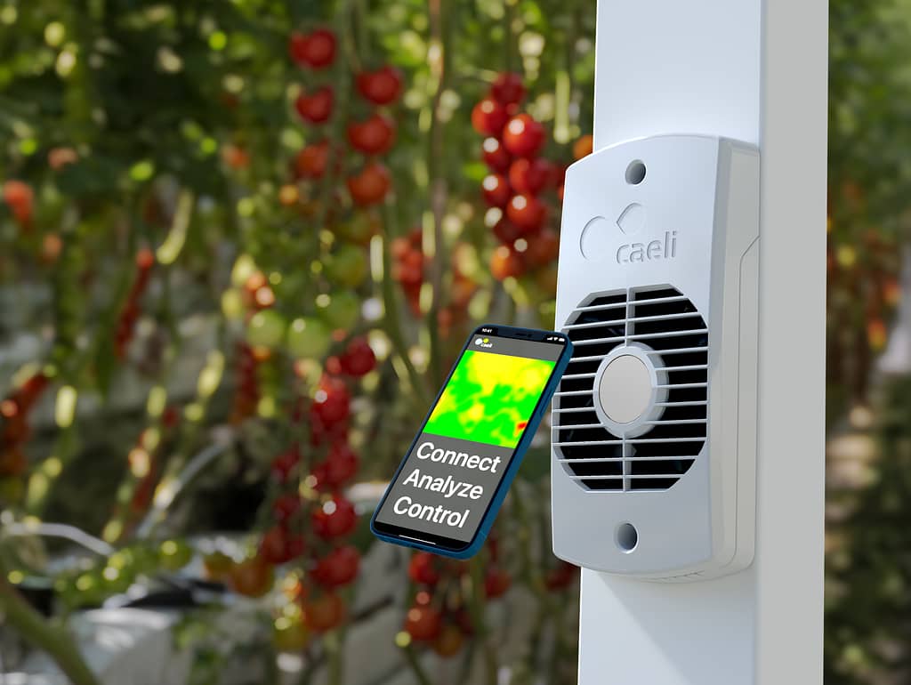vproductvisualisatie van een ventilator die met een smartphone wordt bedient